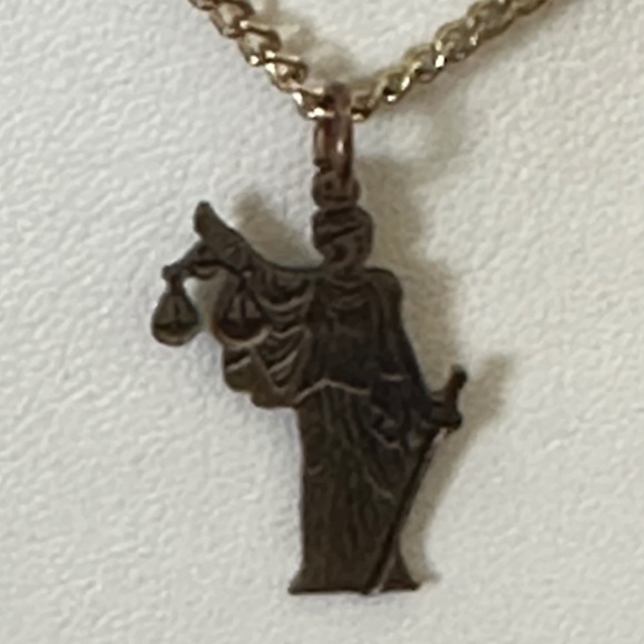 2/$20 Lady Justice, gold tone pendant & chain. 18” long. Lobster clasp. - Picture 11 of 14